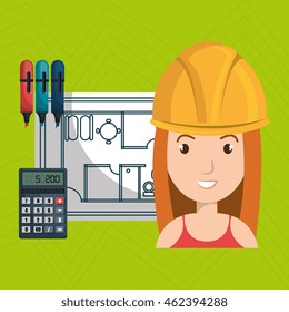 woman architecture calculator plans vector illustration graphic