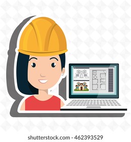 woman architecture laptop plans vector illustration graphic