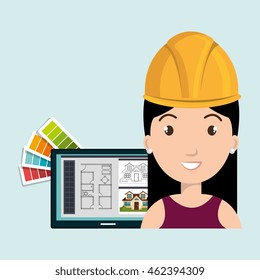 woman architecture laptop plans vector illustration graphic