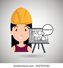 woman architecture plans helmet vector illustration graphic