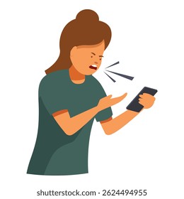 Mulher discutindo no telefone, tendo raiva e frustração de conversas online, negatividade das mídias sociais ou problemas com jogos no celular