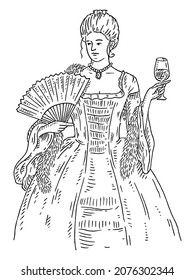 Mujer aristócrata sosteniendo vino de vidrio. Aislado sobre fondo blanco. Ilustración de grabado negro monocromo vectorial vintage. Elemento de diseño dibujado a mano