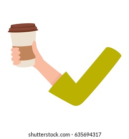 Woman arm, hand holding paper coffee cup, breakfast, morning energy boost, cartoon vector illustration isolated on white background. Cartoon female hand holding paper coffee cap with plastic lid