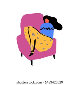 Woman in the armchair at home. Vector flat illustration