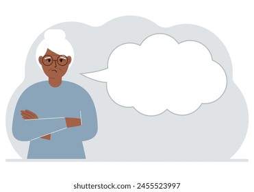 Woman arms crossed next to big bubble of thoughts. Place for text. Vector flat illustration