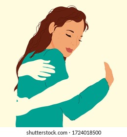 Woman in the arms of an invisible man. Embrace, hugs. Concept of support and love, acceptance. Modern flat vector illustration.