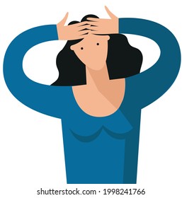 Woman with arms raised to her forehead on a white background
