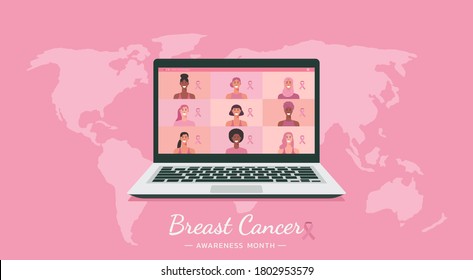 woman around the world connecting together via video conference on laptop computer for breast cancer awareness month concept, flat vector illustration