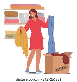 Woman Arranges Gently-used Clothes Neatly, Preparing Them For Donation To Those In Need. Character Spreading Warmth And Kindness Through Her Thoughtful Generosity. Cartoon People Vector Illustration