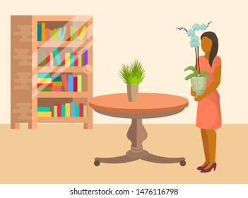 Woman arranging home plants and flowers in room furnished with table and book shelves vector illustration in flat cartoon style. Woman spending time at home.