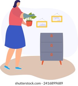 Woman arranging plant in a pot at home. Casual female decorating room with houseplant. Homely atmosphere and interior design vector illustration.