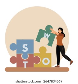  A woman arranging puzzle pieces for a SWOT analysis. Highlighting strategic planning, problem solving, and teamwork in a business or personal development context.