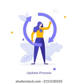 Woman and arrow cycle symbol. Concept of software version update or renewal process indication, system or web application upgrade procedure. Flat colorful vector illustration for banner, poster.