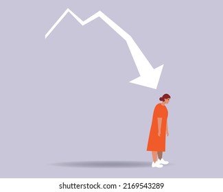 Woman and arrow as symbol of economy, exchange rate, finances. Financial Market Chart. Flat vector stock illustration. Concept of Financial Planning, Financial Literacy
