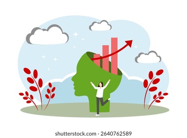 A woman and arrows from the head. The concept of personal growth, learning, career growth, successful business and a good idea
