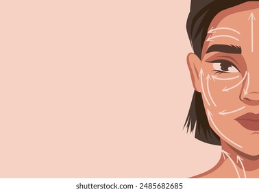 Frau mit Pfeilen auf ihrem Gesicht, die auf Problembereiche hinweisen, Illustration zum Thema Kosmetik, Gesichtspflege, Vitamine im vorderen Teil des Gesichts und Wangenknochen, Behandlung von Falten