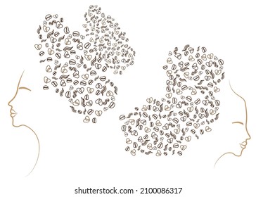 woman art coffee design concept consisting of coffee beans , heart and hot smoke