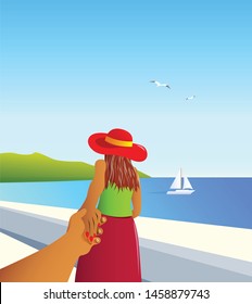  Woman Art, come after me illustration, follow me - vector illustration girl in a red hat leads a man on a boat trip, print come after me,  sea travel landscape, do like me illustration