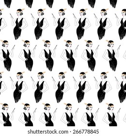 Woman in art deco style. Seamless pattern.