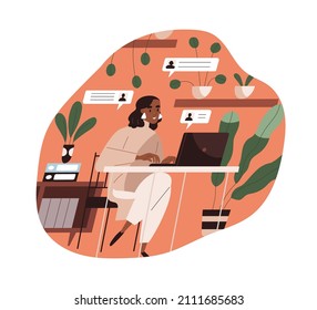 Woman art director work at laptop computer, chatting with clients, reading messages, mails and giving feedback online. Modern creative business concept. Flat vector illustration isolated on white