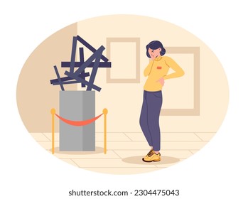 Woman in art gallery. Young girl stands and looks at abstraction. Leisure and cultural rest. Exhibition and museum visitor near modern exhibit. Cartoon flat vector illustration