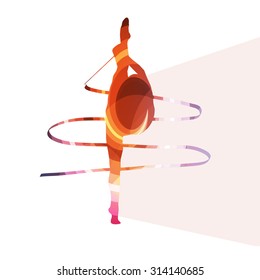 Woman art gymnastics with ribbon silhouette illustration vector background colorful concept made of transparent curved shapes