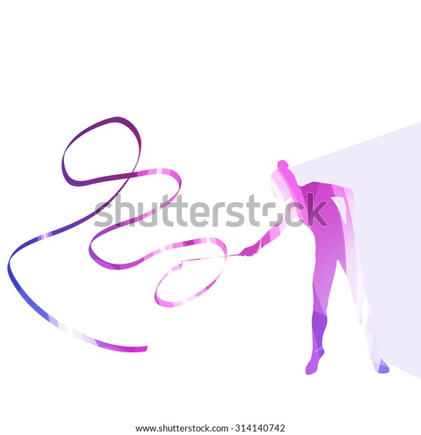 Woman art gymnastics with ribbon silhouette\
illustration vector background colorful concept made of transparent\
curved shapes