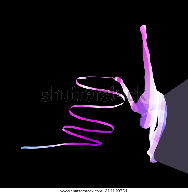 Woman art gymnastics with ribbon silhouette\
illustration vector background colorful concept made of transparent\
curved shapes