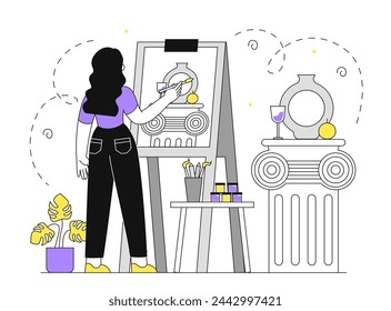 Woman with art linear. Young girl with canvas. Vase with apple and wine near apple. Talented artist in workshop or studio. Simple flat vector illustration isolated on white background