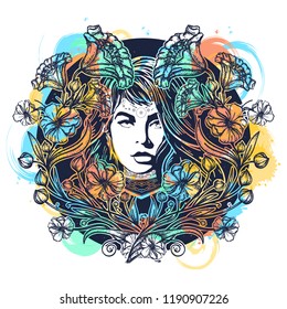 Woman and art nouveau flowers tattoo watercolor splashes style t-shirt design 
