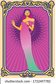 Woman, Art Nouveau Frame Psychedelic Art Style Poster, Cover Template