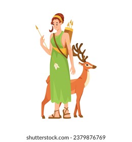 Woman Artemis Ancient Greek God and Deity with Deer as Figure from Mythology Vector Illustration