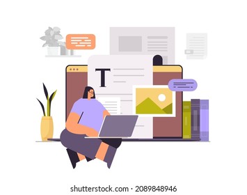 woman article editor writing publicity post female journalist using laptop copywriting selection and verification content