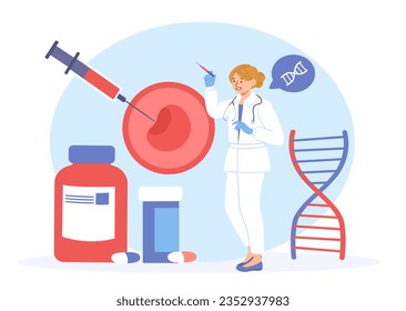 Woman with artificial insemination concept. Young girl with ovum, structure of DNA and syringe. Medical specialist and doctor with female reproductive system. Cartoon flat vector illustration