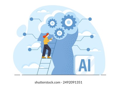 Woman with artificial intelligence. Young girl near silhouette of head with gears. Modern technologies and innovations, machine learning. Virtual bot and assistant. Flat vector illustration