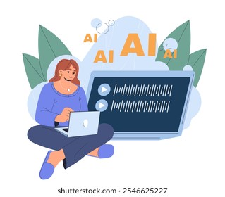 Woman with artificial intelligence. Young girl near computer with ai. Modern technologies and innovations. Machine learning and development. Flat vector illustration isolated on white background