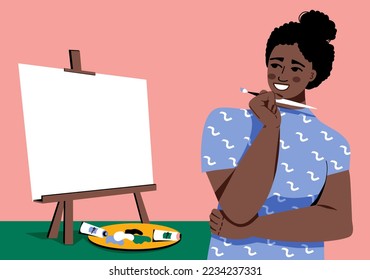 Woman Artist afro at working process. Easel and a blank canvas, oil paints in tubes, palette. Сreative girl thinks what to draw. Fine art hobby