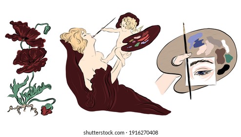 woman artist with angel baby in art nouveau style. hand holds a palette with paints.