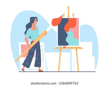 Artista mujer con pincel en una pintura de caballete. Dibujo de caracteres femeninos. Hobby creativo, creación de obras de arte. Imagen abstracta. Dibujo plano de caricatura aislado. Concepto artístico del vector