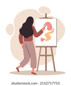 Woman artist at canvas. Creative personality and art. Young girl trained, skills development. Character draws abstract patterns and shapes in different colors. Cartoon flat vector illustration