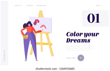 Woman Artist Character Drawing on Canvas Holding Palette in Hands. Lifestyle Activity, Painting Hobby Website or Web Page Background, Creativity Concept Landing Page. Cartoon Flat Vector Illustration