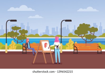 Woman artist character drawing portrait in public park. Vector flat cartoon graphic design illustration