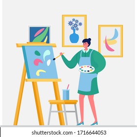 Woman artist draw picture, character female paint image isolated on white, flat vector illustration. Person painter hobby studio, girl depict abstract thumbnail, creative performer individual.