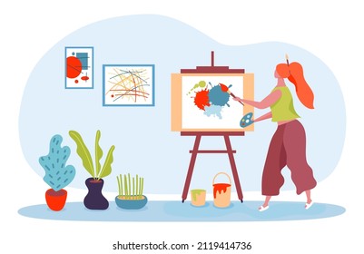 Woman artist draw picture on canvas. Female character holing color palette and paintbrush. Girl with creative hobby painting on easel in studio. Leisure activity, creating masterpiece vector