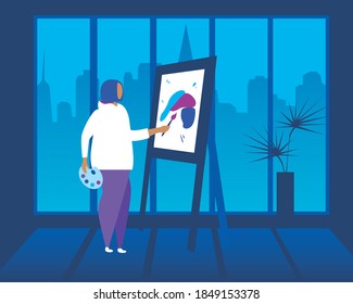 Woman artist drawing at home. Flat vector stock illustration. Drawing on an easel, woman artist. Artist, drawing hobby. Illustration with the artist while drawing. Concept painter, creating art
