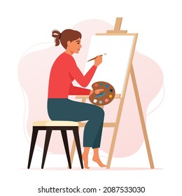 Woman Artist drawing on easel in workshop studio or at home. Flat vector illustration