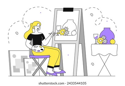 Woman artist draws simple. Young girl near canvas with paintbrush and paints. Workshop or studio. Creativity and art, still life. Doodle flat vector illustration isolated on white background