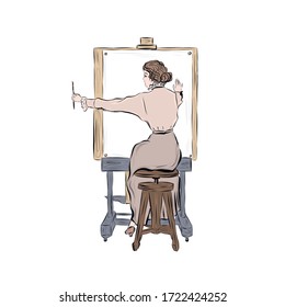 Woman artist draws while sitting at the tablet