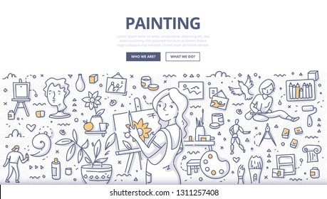 Woman artist with easel is drawing on canvas at workspace. Illustration of creativity and art. Doodle concept of art studio for web banners, hero images, printed materials