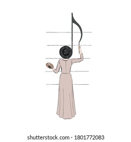 Woman artist in hat standing with her back draws note. Hand drawn vector drawing for illustration's book